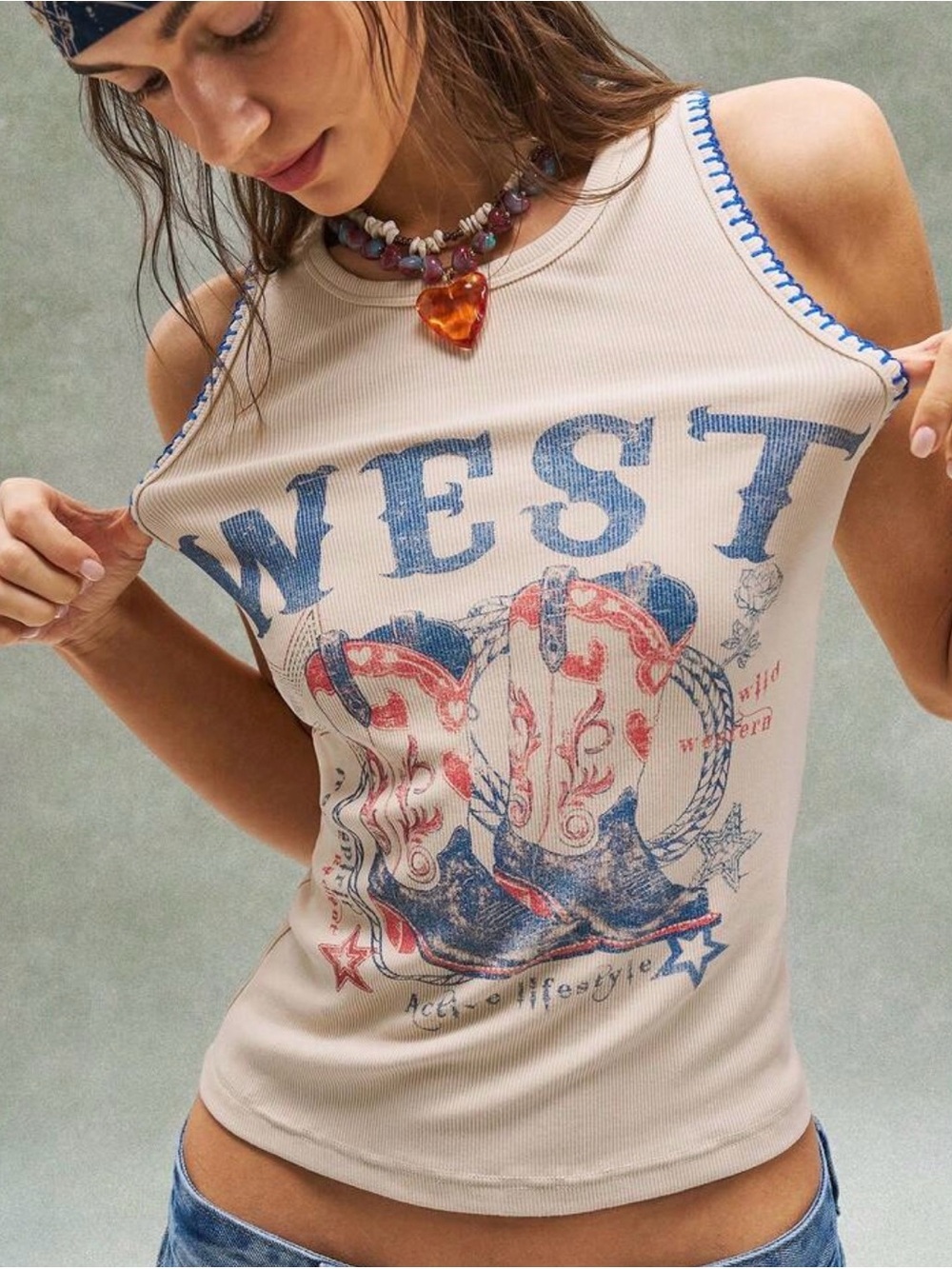 WEST Graphic Ribbed Tank Top - Cream with Blue Stitching cowboy boots